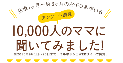 アンケート調査！生後1ヶ月〜約6ヶ月のお子さまがいる10,000人のママに聞いてみました！※2016年9月1日〜20日まで、ミルポッシェWEBサイトで実施。